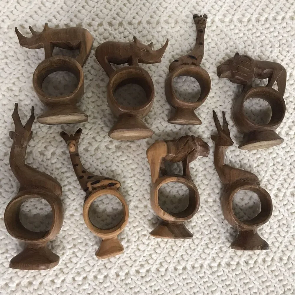 Vintage Hand Carved Wooden African Safari Animal Napkin Ring Holders Set of 8